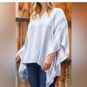 Karen Kane Small Oversized Light Blue & White Striped Poncho Tunic Soft Beachy